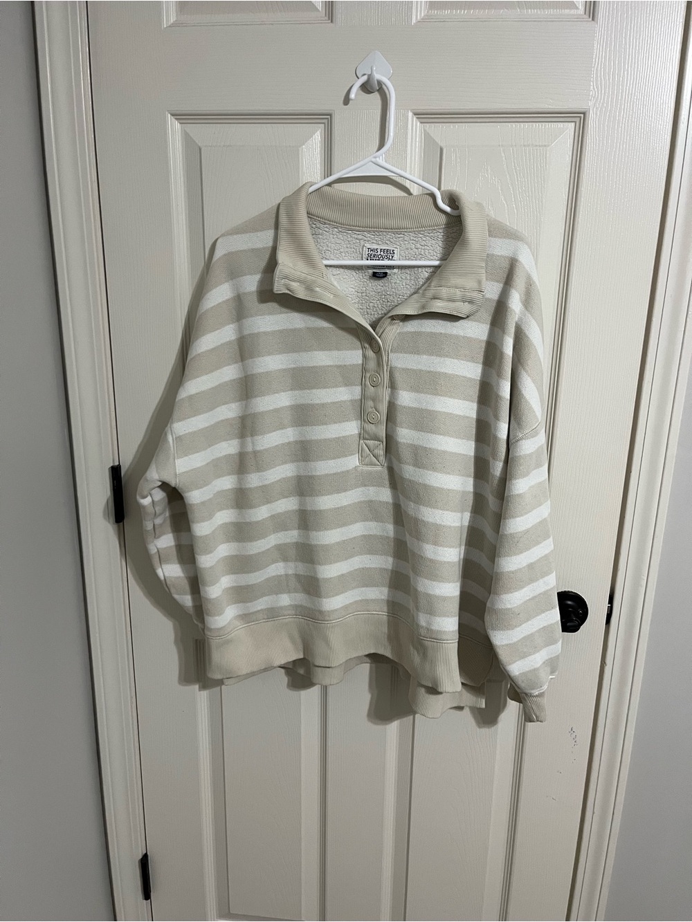 American Eagle Outfitters Beige and White Striped Henley Pullover